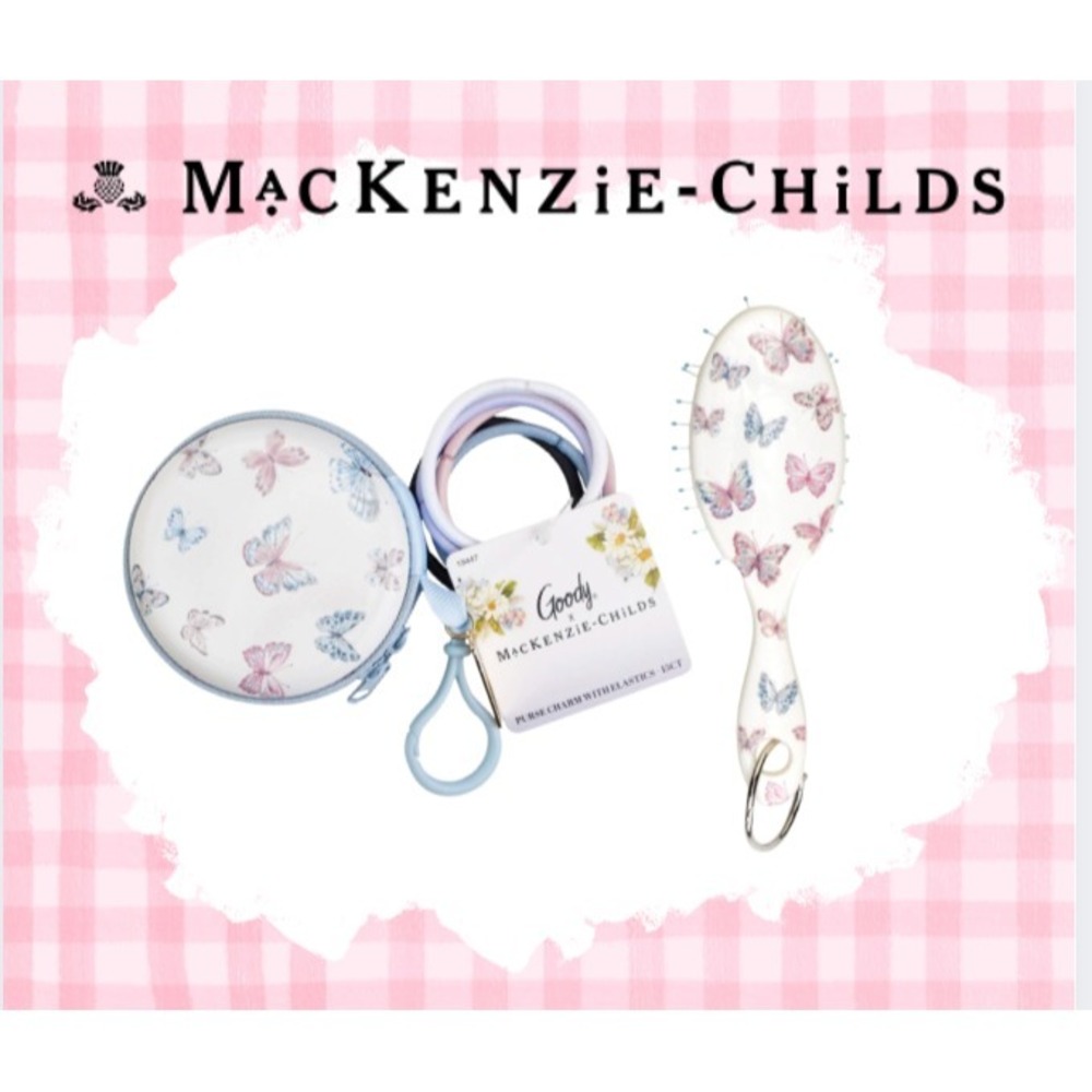 MacKenzie Childs Wet Brush Butterfly Hill Keychain PLUS Courtly Check Elastics